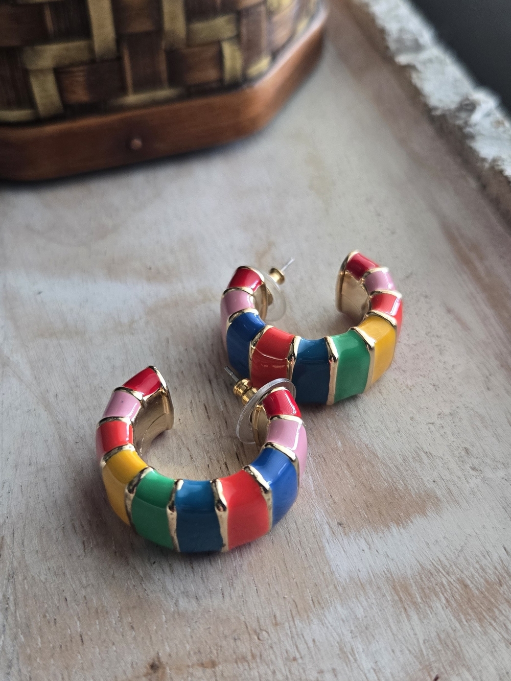 Multicolor Enamel Hoop Earrings - Gold Tone